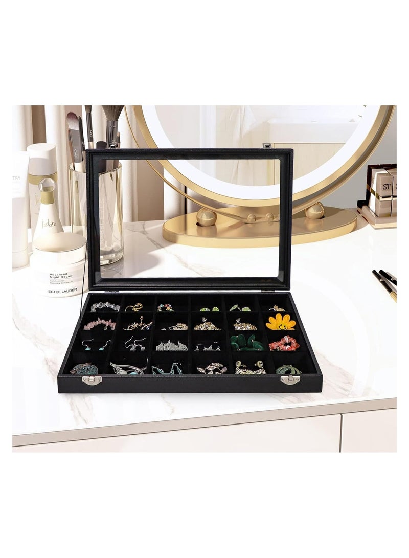 سوفام صندوق مجوهرات صندوق منظّم المجوهرات، صندوق منظّم أسود مخملي 24 شبكة مجوهرات القرط الدائري حقيبة عرض، معرض منظّم، مع غطاء زجاجي شفاف للدرج المنزلي أو متجر البيع - Image 2